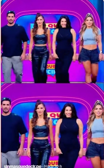 La tercera persona de izquierda a derecha, Diana Sánchez, vestida de negro, camina con tres personas en un escenario de televisión con luces de neón