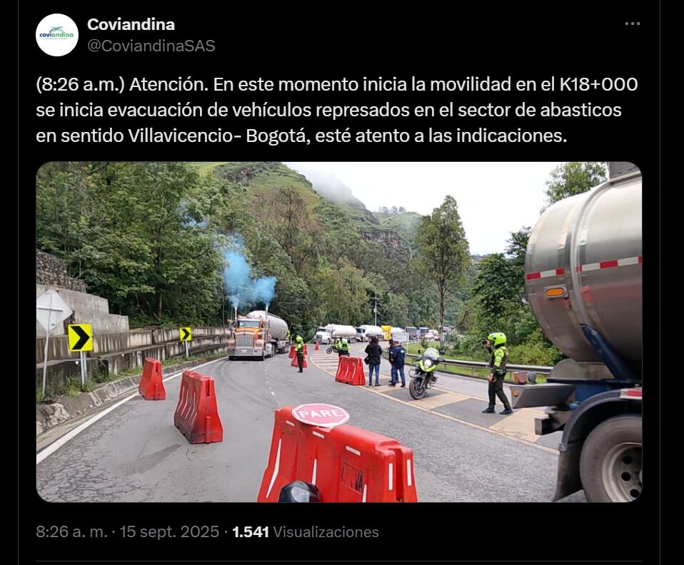 La ruta alterna a la vía al Llano quedó habilitada sobre las 8:30 a. m. del lunes 15 de septiembre - crédito red social X