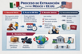 Infografía ilustra el proceso de extradición México-EE.UU. con banderas, símbolos legales (martillo, balanza), calendario, juez y emblemas de instituciones.