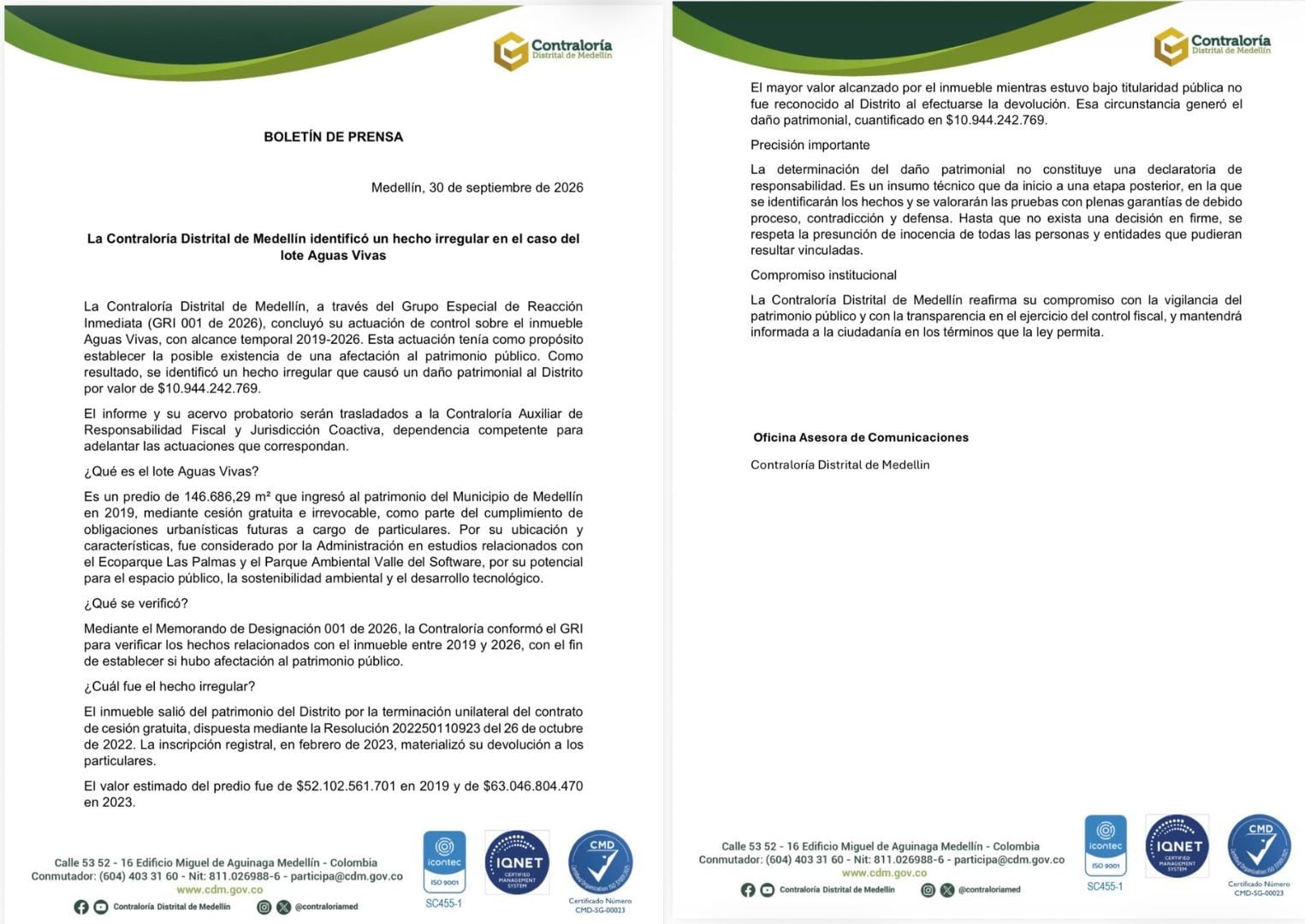 El organismo de control estableció que el predio aumentó su valor mientras permaneció bajo titularidad pública - crédito Contraloría de Medellín