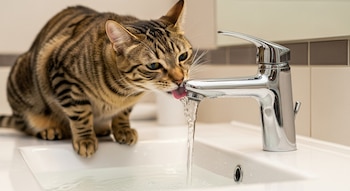 Un gato atigrado de pelaje marrón y negro bebe directamente de un grifo de agua abierto en un lavabo blanco de baño.