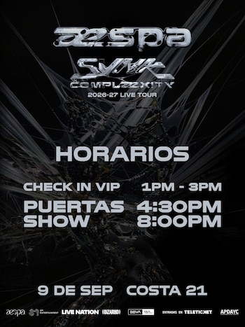 Afiche negro con letras metálicas que detalla horarios de registro VIP, apertura de puertas e inicio del espectáculo del grupo Aespa