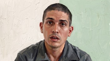 Ilustración al óleo del rostro de un hombre con cabello corto y camisa oscura sobre un fondo texturizado blanco y verde claro.