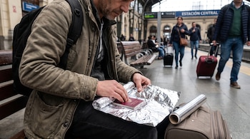 Un hombre sentado en un banco de madera dentro de una estación envuelve un pasaporte rojo con papel de aluminio.