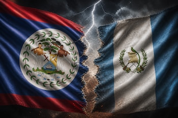 Banderas de Belice y Guatemala desgarradas en el centro con un rayo sobre un fondo de tormenta.