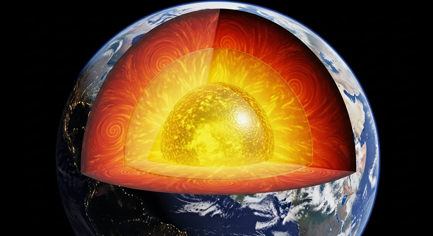 Ilustración digital muestra un corte transversal de la Tierra revelando su núcleo interno y externo. (Imagen Ilustrativa Infobae)