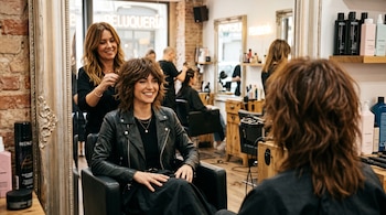 Una mujer sentada frente a un espejo sonríe mientras una peluquera peina su cabello en un salón con estanterías de cosméticos.