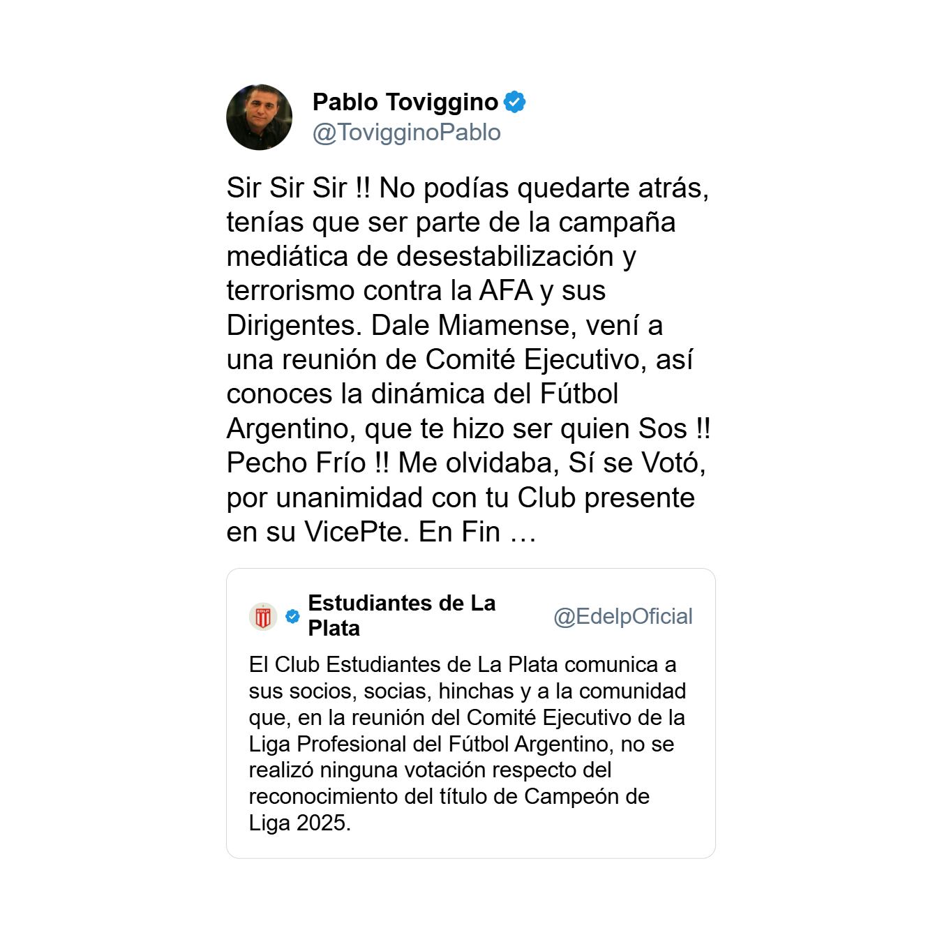 La respuesta de Pablo Toviggino a Estudiantes