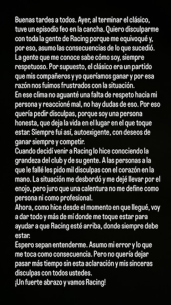 Las disculpas de Alfonso Espino a Racing