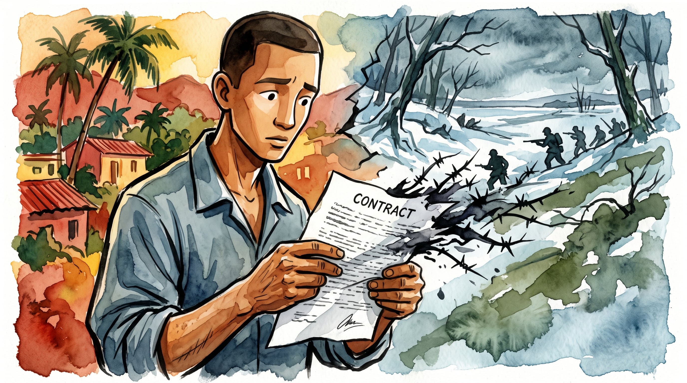 Un trabajador cubano examina un contrato de empleo cuyas cláusulas se transforman en alambres de púas y un frente de guerra nevado. (Imagen Ilustrativa Infobae)