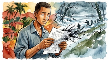 Ilustración de un hombre con un documento escrito entre un paisaje tropical con casas y un bosque nevado con soldados armados.