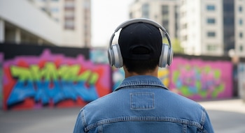 Persona de espaldas con auriculares grandes y gorra negra, frente a una pared con grafitis en una ciudad.