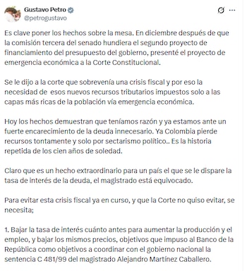 El jefe de Estado sostuvo que es necesario reducir la tasa de interés para no afectar la economía colombiana - crédito @petrogustavo/X
