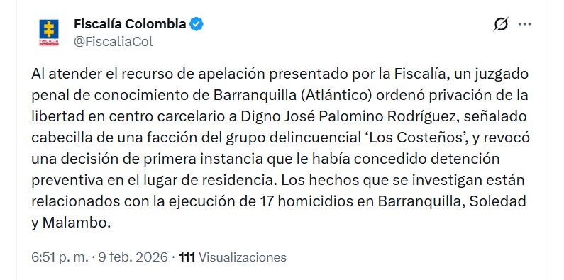Digno Palomino volverá a ser recluido en una prisión - crédito Fiscalía General de la Nación