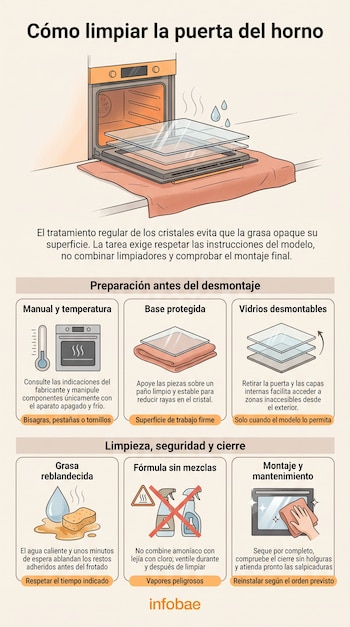 Infografía explicativa con seis recuadros ilustrados sobre el mantenimiento del vidrio de un horno y el logotipo de Infobae.