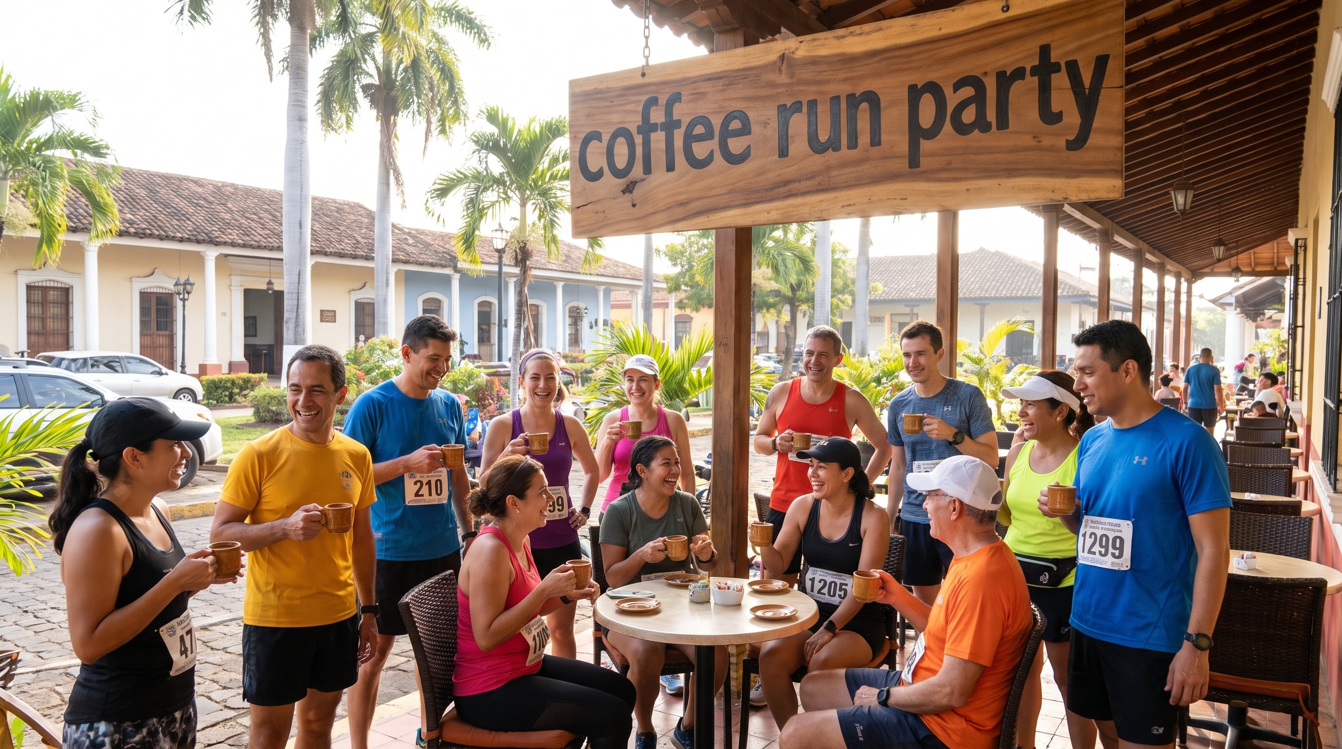Un grupo de atletas comparte café bajo un letrero de madera en Managua tras participar en una actividad deportiva comunitaria. (Imagen Ilustrativa Infobae)
