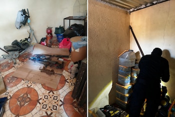 Composición de dos fotos con varias armas sobre un cartón en el suelo y una persona con ropa oscura inspeccionando una habitación.