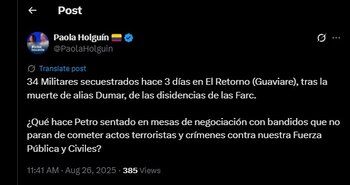 Paola Holguín lanzó duras críticas a Gustavo Petro por el secuestro de los militares - crédito @PaolaHolguin