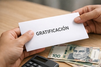 Dos manos sujetan un sobre blanco con la palabra GRATIFICACIÓN. Sobre una mesa hay billetes de cien soles peruanos y una calculadora.