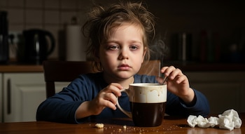 Un niño pequeño con el pelo revuelto y ojeras se sienta en una mesa de madera, sosteniendo una taza de café humeante en una cocina oscura.