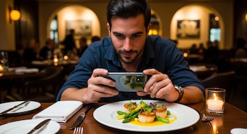 Hombre con barba y camisa oscura toma una foto a un plato con vieiras, espárragos y salsa amarilla con un teléfono móvil. Hay una vela encendida en la mesa.