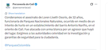 Mensaje de rechazo de la Personería de Cali contra el crimen de Loren Liseth Osorio, de 32 años - crédito Personería de Cali