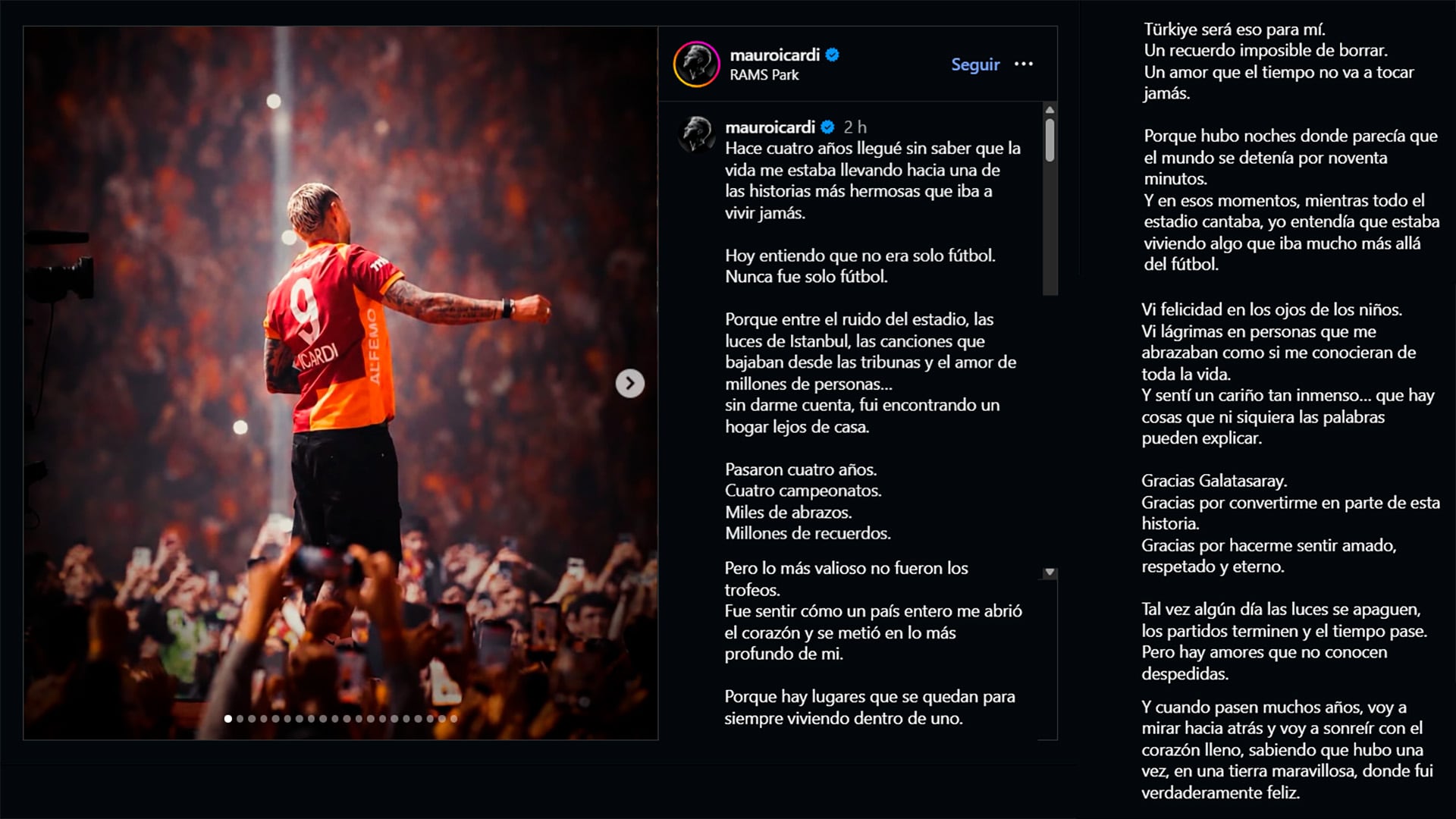 El posteo de agradecimiento de Mauro Icardi al Galatasaray