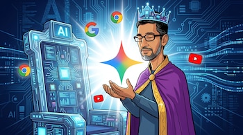 Caricatura editorial de Sundar Pichai con corona digital y capa púrpura, sosteniendo el logo de Gemini frente a un trono futurista con temática de IA y circuitos.