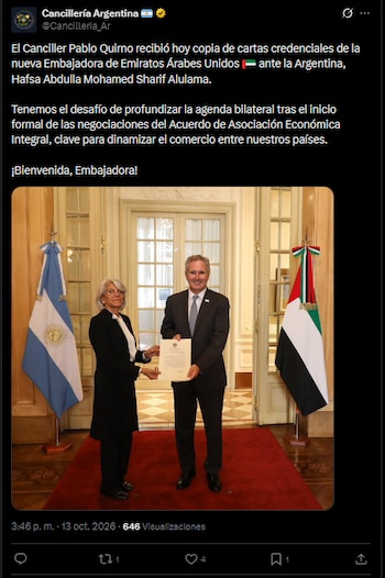 El Canciller Pablo Quirno recibió hoy copia de cartas credenciales de la nueva Embajadora de Emiratos Árabes Unidos
