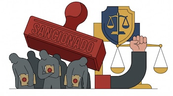 Sello rojo con SANCIONADO, grupo de siluetas humanas grises con carpetas selladas, mano con balanza dorada y escudo azul y dorado del Tribunal Federal de Justicia Administrativa.