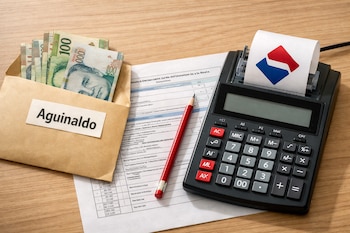 Calculadora, lápiz, formulario de Impuesto a la Renta, sobre con billetes de soles y la etiqueta 'Aguinaldo', logo de SUNAT.