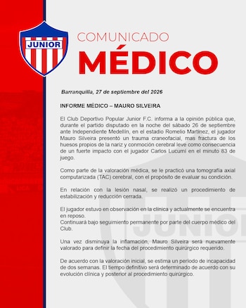 Junior de Barranquilla informó, a través de este comunicado, que Mauro Silveira estará por fuera de las canchas, al rededor de dos semanas - crédito Junior de Barranquilla