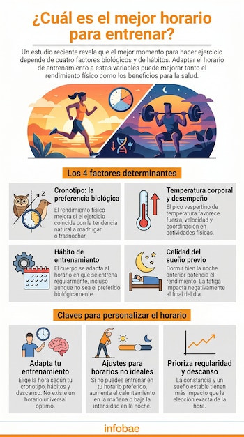 Infografía sobre el mejor horario para entrenar. Muestra una mujer corriendo de día y un hombre levantando pesas de noche, con iconos de factores.