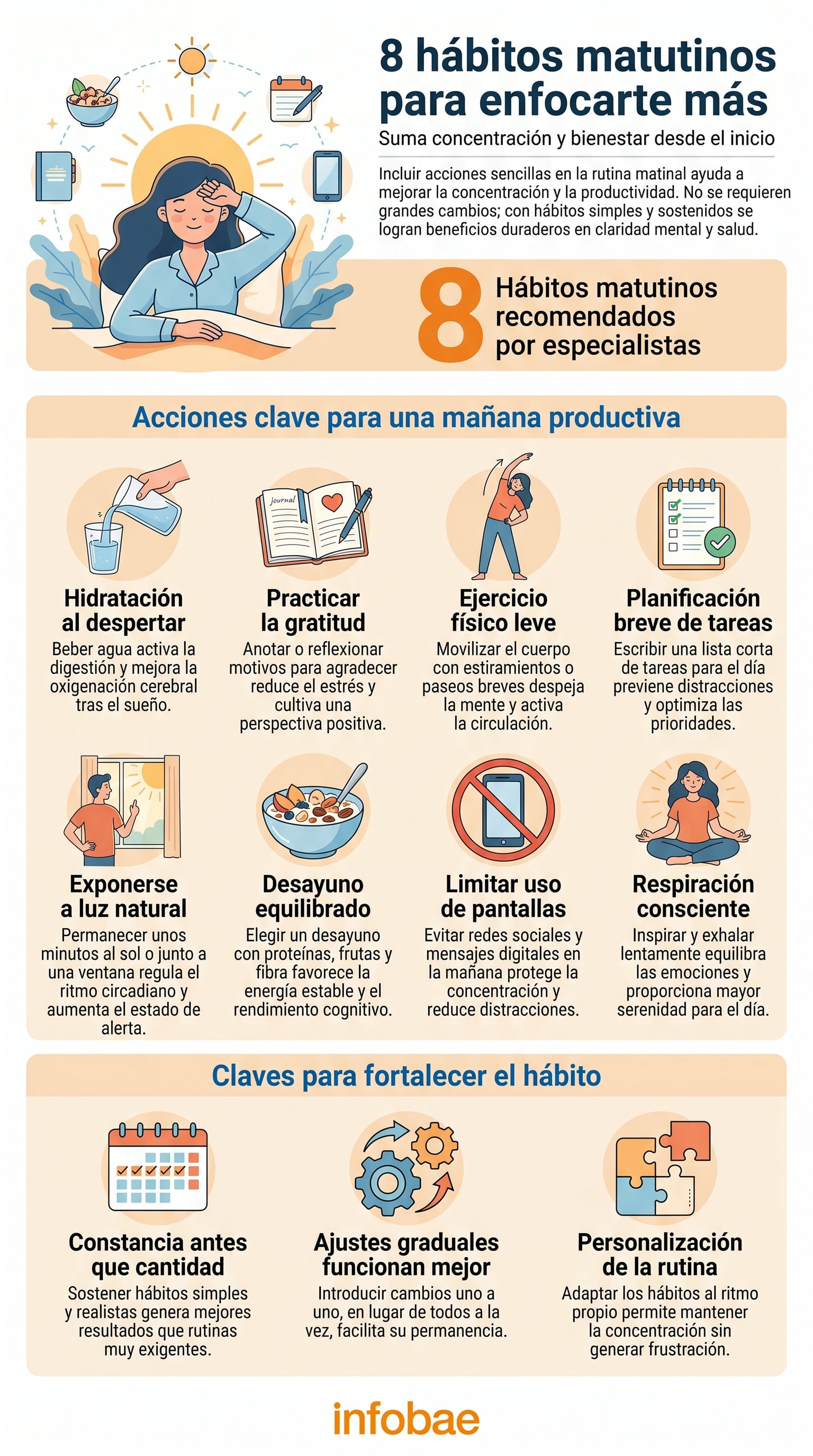 Estiramientos o una caminata corta al inicio del día: la movilización física es uno de los hábitos sugeridos para activar el cuerpo y despejar la mente. No requiere una rutina intensa; la lógica es sumar movimiento (Imagen Ilustrativa Infobae)