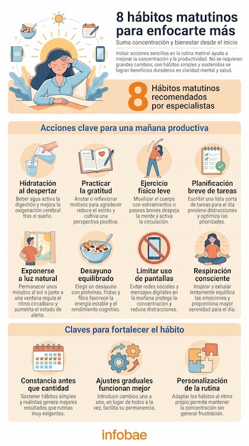 Infografía detallada sobre 8 hábitos matutinos con ilustraciones de una persona despertando, bebiendo agua, meditando, haciendo ejercicio y más, para mejorar la concentración.