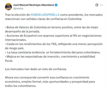 José Manuel Restrepo, vicepresidente electo, afirmó que los mercados han dado un voto de confianza - crédito @Jrestrp/X