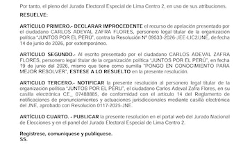 Documento oficial de una resolución del Jurado Electoral Especial de Lima Centro 2, con texto estructurado en artículos