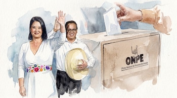 Ilustración en acuarela de Keiko Fujimori y Pedro Castillo saludando, con un ánfora de la ONPE y una mano depositando un voto en el fondo.