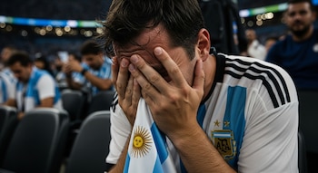 Hombre con camiseta de la selección argentina de fútbol se cubre el rostro con las manos, sostiene una bandera de Argentina, otros aficionados sentados en un estadio.