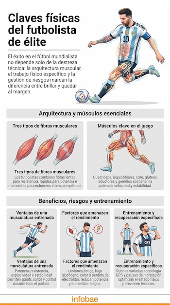 Infografía sobre el futbolista de élite, incluye dibujo de Lionel Messi, ilustraciones de fibras y músculos, texto sobre rendimiento y entrenamiento, y logotipo Infobae.
