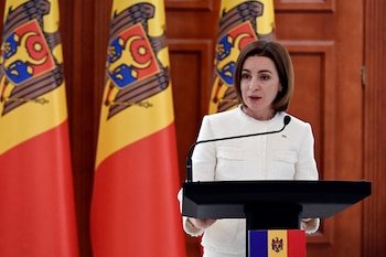 Moldovan President Maia Sandu speaks during a news conference with U.S. Secretary of State Antony Blinken (not pictured) at the Presidential Palace in Chisinau, Moldova March 6, 2022. Olivier Douliery/Pool via REUTERS