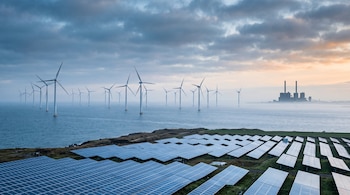 Aerogeneradores sobre el mar y paneles solares en la costa junto a la silueta de una central industrial con chimeneas al fondo.