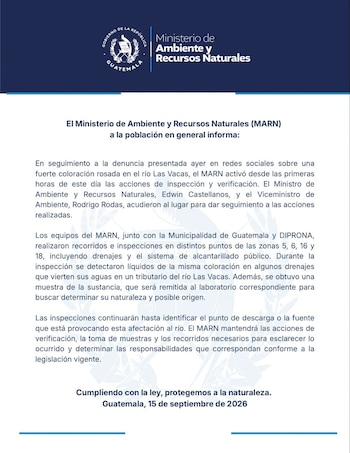 Comunicado oficial impreso del Ministerio de Ambiente y Recursos Naturales de Guatemala con su logotipo en la parte superior