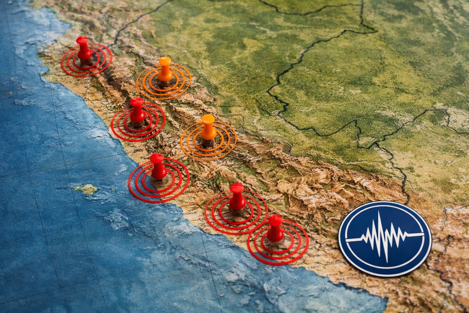 Un mapa físico de Perú muestra la distribución de la actividad sísmica reciente con marcadores rojos y naranjas, y el logo del Instituto Geofísico del Perú (IGP) en la esquina inferior derecha. (Imagen Ilustrativa Infobae)