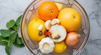 Licuadora con trozos de piña, naranjas, un pomelo, limones, cebollas, ajo, especias en polvo y agua. Ramas de menta fresca se observan al lado.