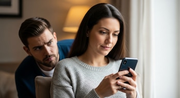 Una mujer sentada sostiene un teléfono inteligente; un hombre con barba asoma desde atrás, mirando hacia el teléfono.