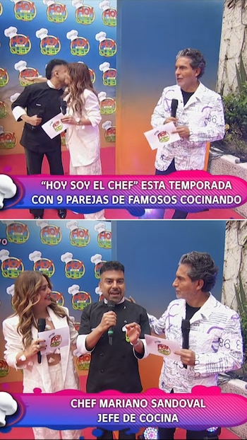 El chef Mariano Sandoval es recibido por una presentadora y un presentador de televisión en el set de "Hoy Soy el Chef", con logos de gorros de chef de fondo