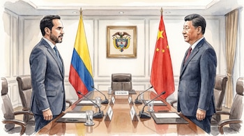 Ilustración de acuarela de Abelardo de la Espriella y Xi Jinping de pie frente a una mesa con micrófonos y las banderas de Colombia y China.