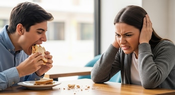 Un hombre joven muerde un sándwich con la boca abierta en una mesa de madera, mientras una mujer joven a su derecha se cubre los oídos con expresión de molestia.