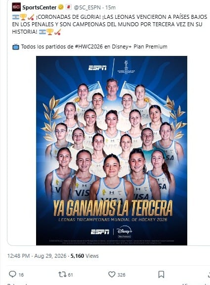 Una publicación en redes sociales de SportsCenter anuncia la victoria de la selección femenina de hockey de Argentina en la Copa Mundial 2026. (Patricia Bullrich)